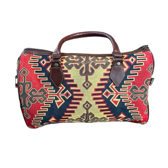 Vintage AA Southwestern Statement Tapestry Satchel Bag with Leather Strap - Picture 4 of 9